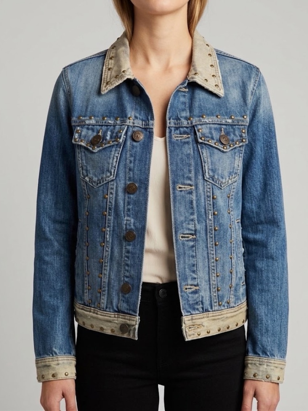 True Religion - NWT Studded Blue Denim Jacket with Contrast Collar